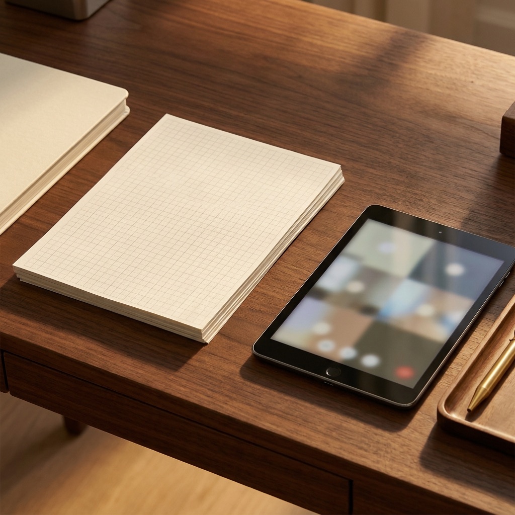 重ねた練習用紙とノート、タブレットを並べた基礎コースのイメージ